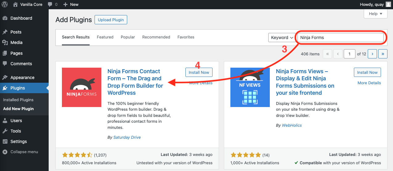 image of the Add New Plugins screen with Ninja Forms entered into the search bar and the Ninja Forms plugin being returned at the top of the search results. The Install Now button is highlighted.